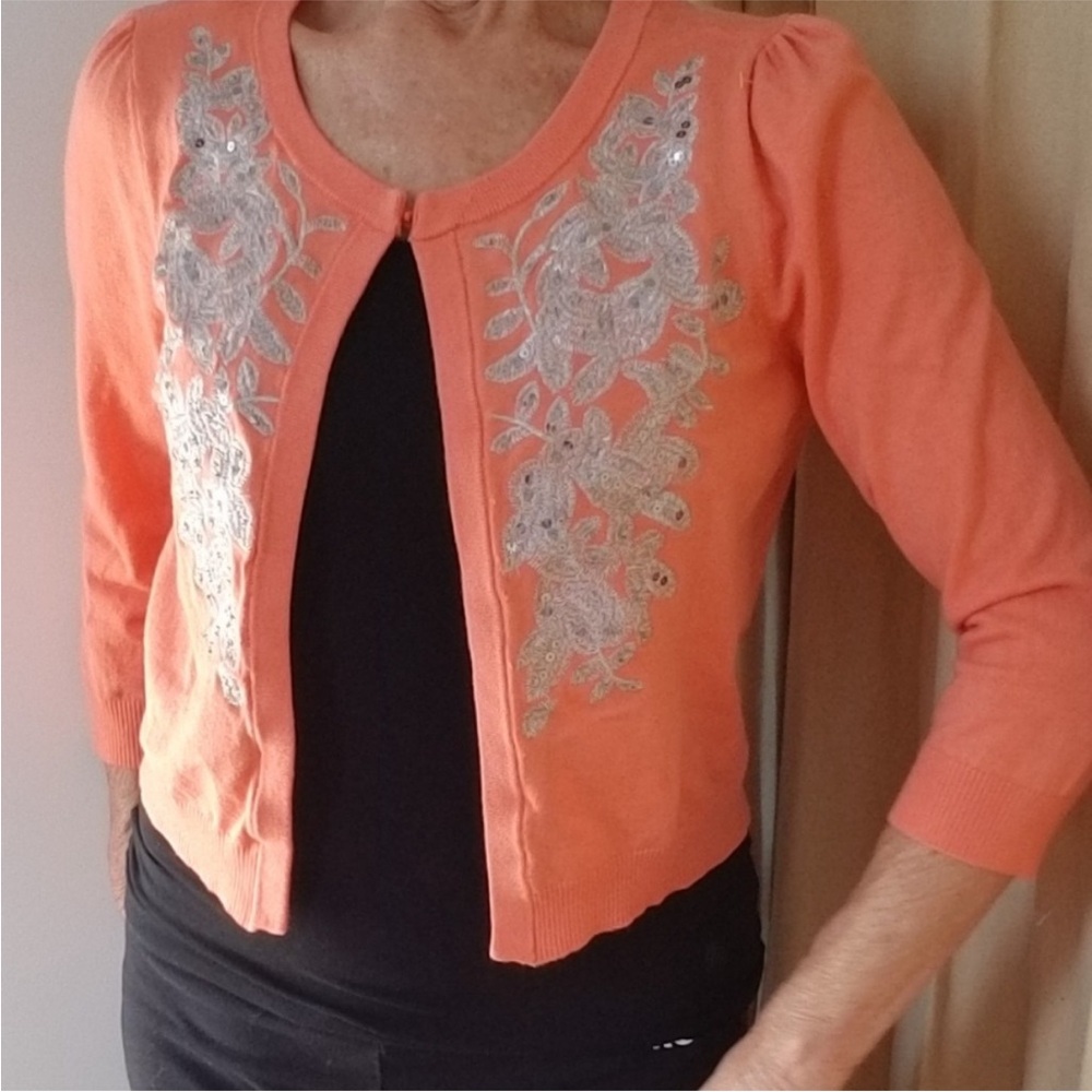 INC International Concepts Sherbet Orange‎ Silver Beaded Embroidered Bolero - Picture 7 of 8
